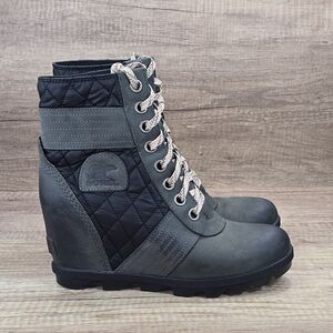 Sorel Lexie Women's Size 8.5 Gray Slate Leather Wedge Quilted Boots (NL3375-026)